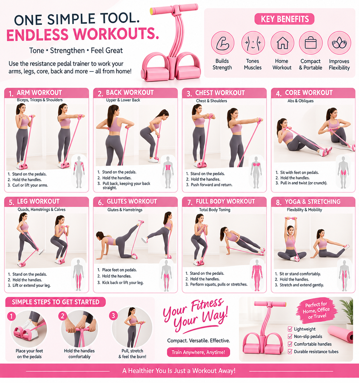 4-Tube Resistance Bands with Pedal – Full Body Home Workout